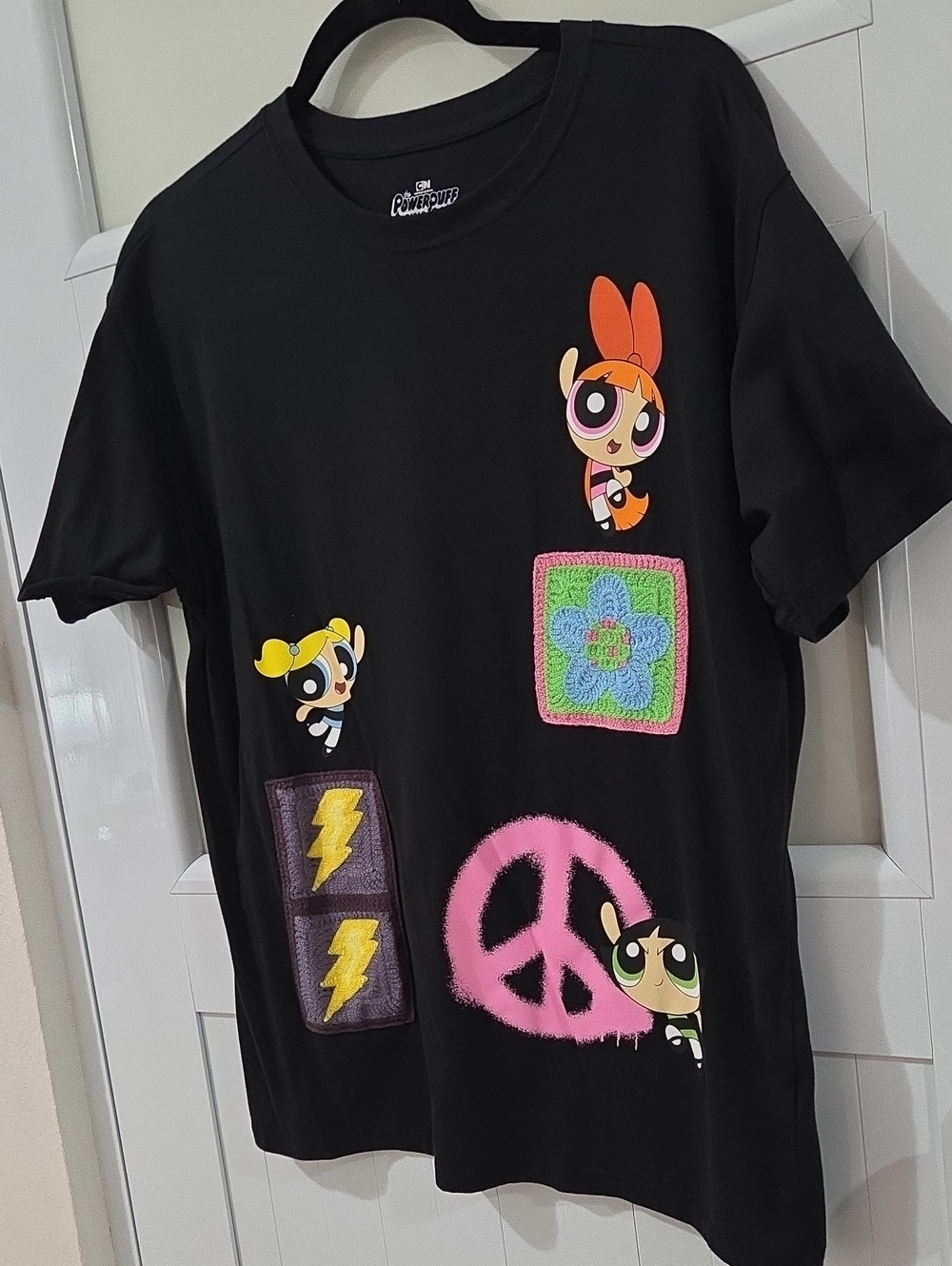 Cartoon Network Black Powerpuff Girls Patch Graphic Tee with Pink Peace Sign